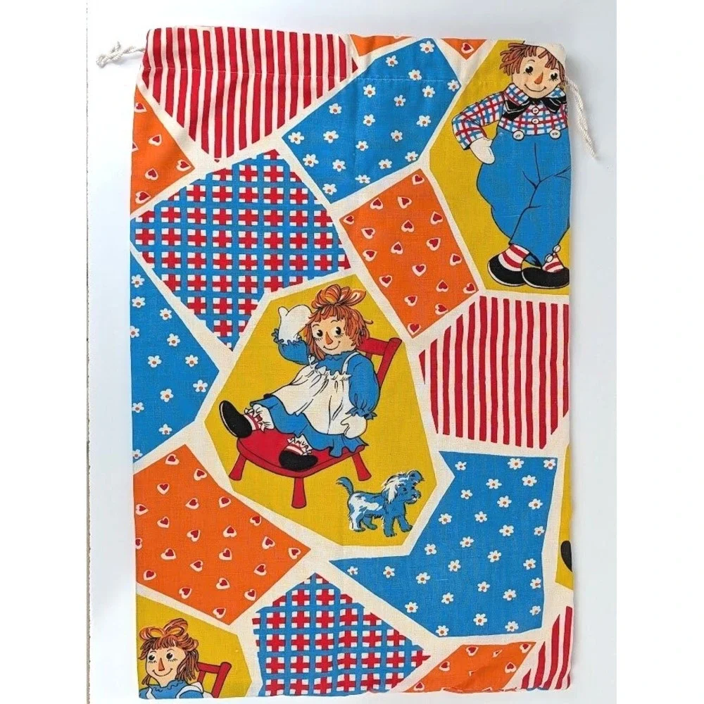 Vintage 1970s Raggedy Ann & Andy Pacific Drawstring Laundry Bag Faux Patchwork